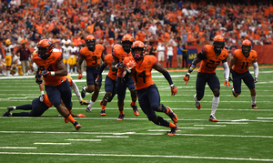 After missing a tackle leading to a 56-yard Central Michigan touchdown, Evan Foster struck back with a pick-six, Syracuse's first touchdown of Saturday's game.